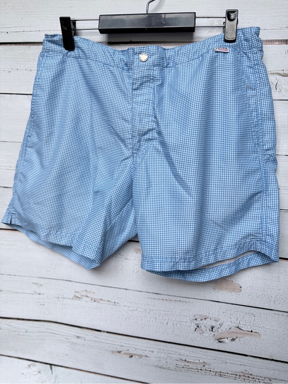 Light Blue Gingham Men's Swim Board Shorts